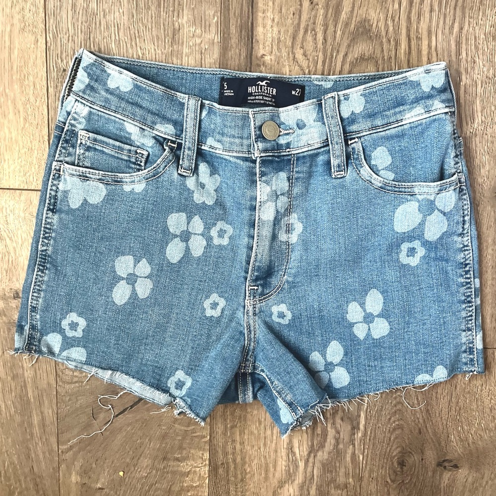 Hollister Blue Floral High Waist Jean Shorts